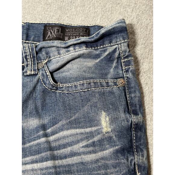 T.K. Axel Jeans Mens W32 L32 Wolcott Boot Cut Distressed Ripped Blue Denim - Picture 13 of 16